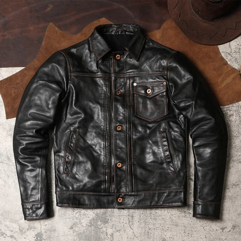 Black Autumn Leather Jacket Men Vintage Style Plus Size 5XL Genuine Natural Cowhide Turn-Down Collar Single Breasted Coat