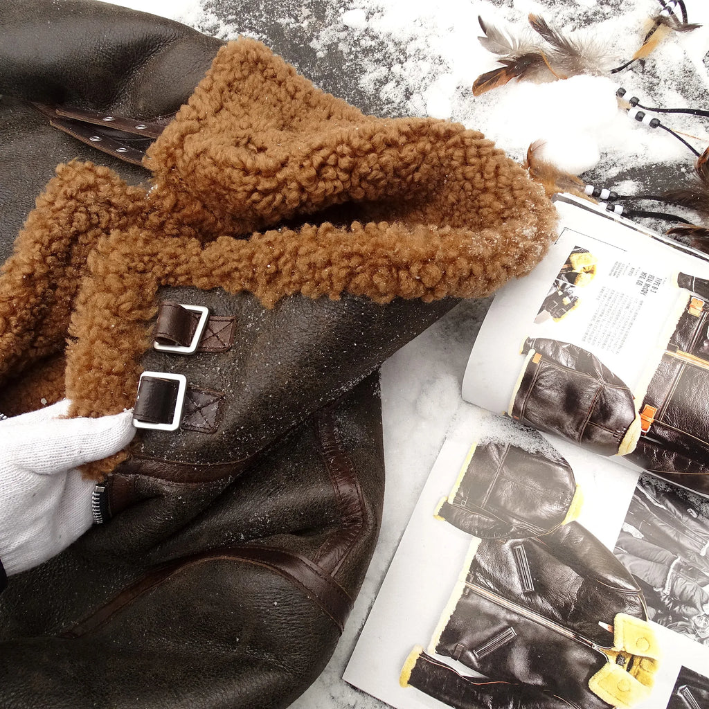 Dark Brown Winter Shearling Jacket Men Retro Vintage Style Plus Size 4XL Genuine Natural Sheepskin Bomber Military Flight Coat