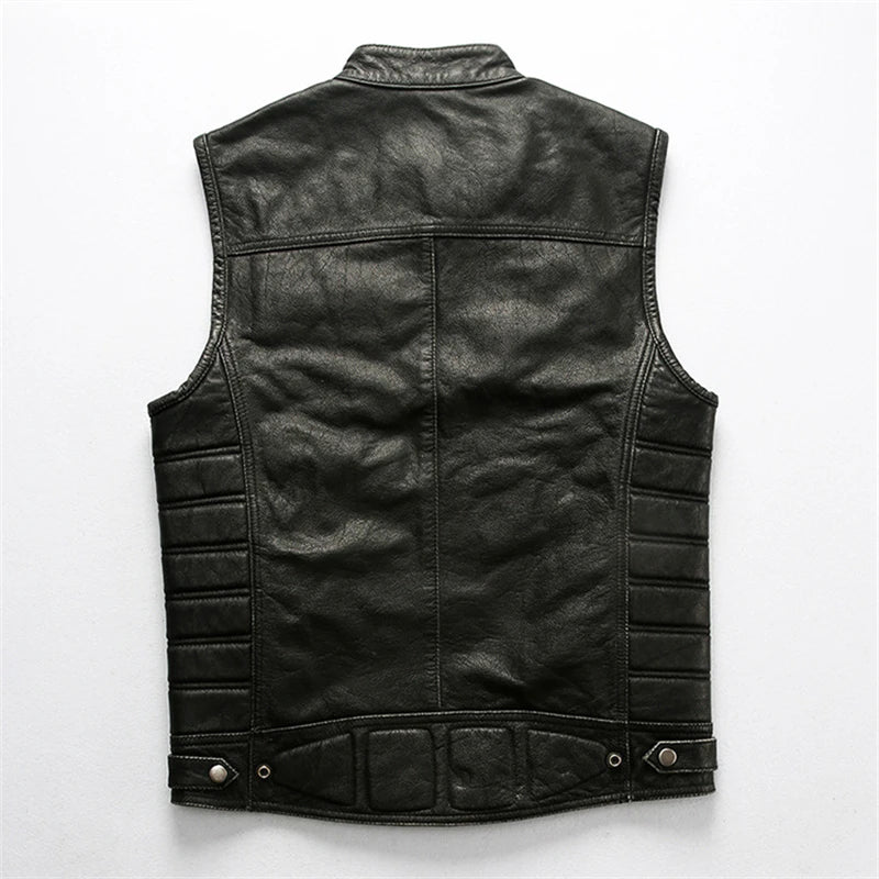 Red Brown Spring Leather Vest Men Retro Style Plus Size 4XL Genuine Natural Cowhide Stand Collar Motorcycle Sports Rivets Vest