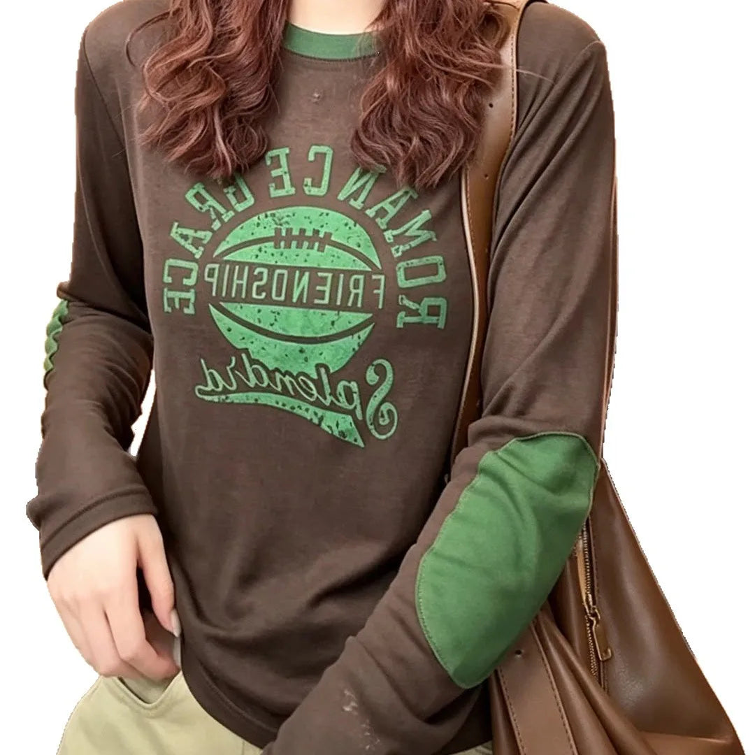 Long Sleeve Letter Print T-Shirt Women's Early Autumn New Splicing Sleeve Slimming Youthful Top Casual Style Polyester Fabric