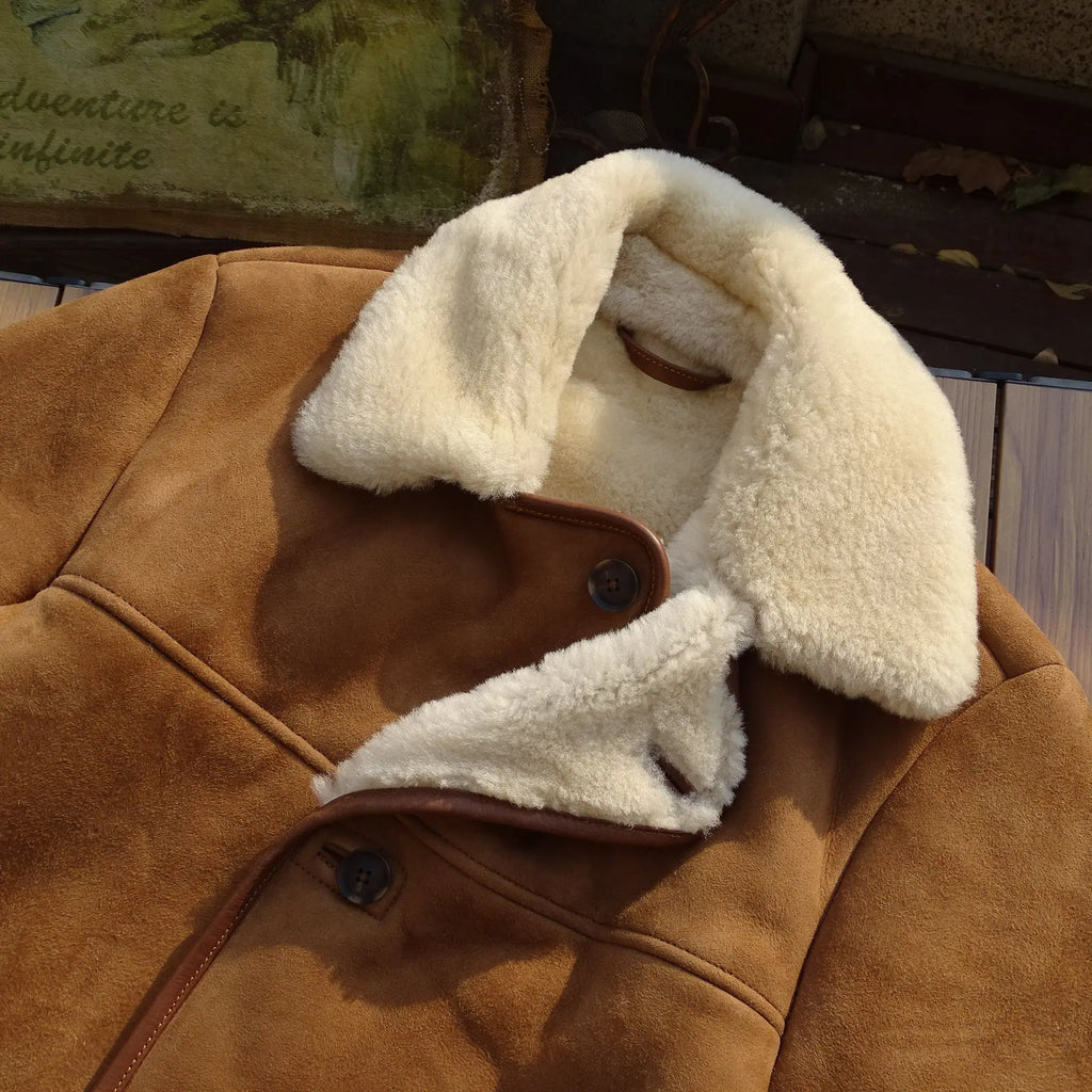Light Brown Winter Shearling Jacket Men Casual Style Plus Size 4XL Genuine Natural Thick Sheepskin Warm Single Breasted Coat