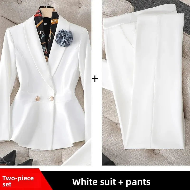 Professional Women's White Slim Fit Workwear Set Fashionable Commute Suit Knee-Length Polyester Fiber Midi Skirt