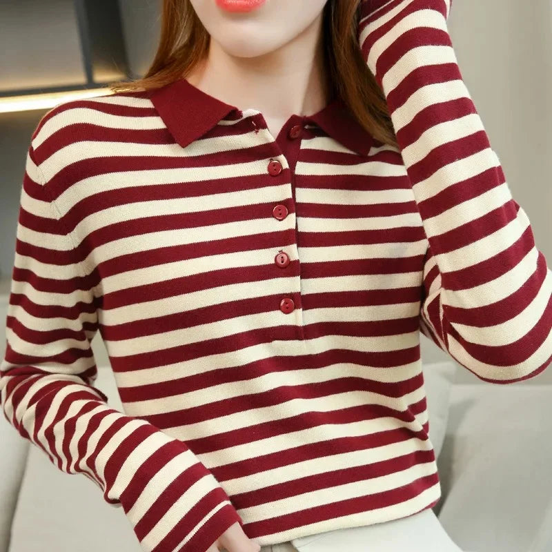 Women's Striped Base Shirt POLO Collar Long Sleeve Loose Knitted Cotton T-shirt Fashionable Spring Autumn New Style