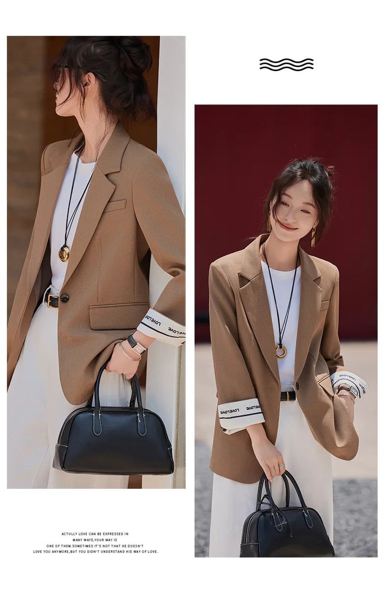 Café Brown Women's Casual Fashionable Suit Jacket Elegant Atmosphere Spring Autumn Season Polyester Spandex Commute Style