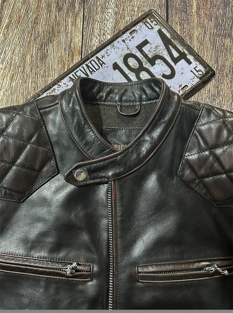 Black Winter Leather Jacket Men Vintage Style Plus Size 5XL Genuine Natural Cowhide Stand Collar Slim Fit Leather Coat