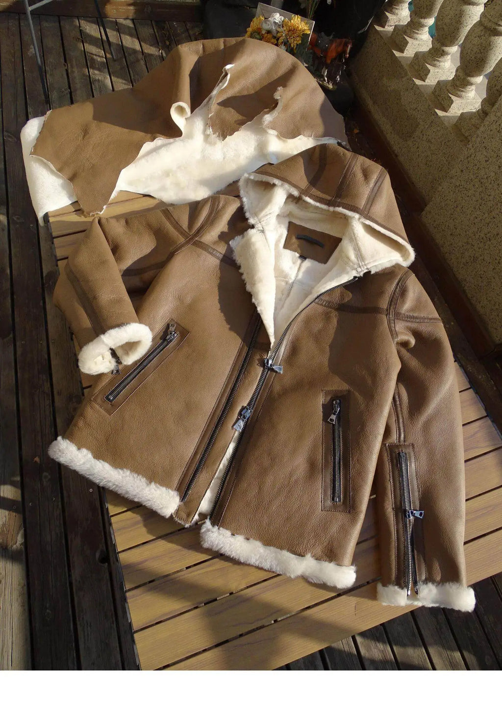 Brown Winter Hooded Shearling Jacket Men Casual Style Plus Size 5XL Genuine Natural Thick Sheepskin Warm Leather Coat