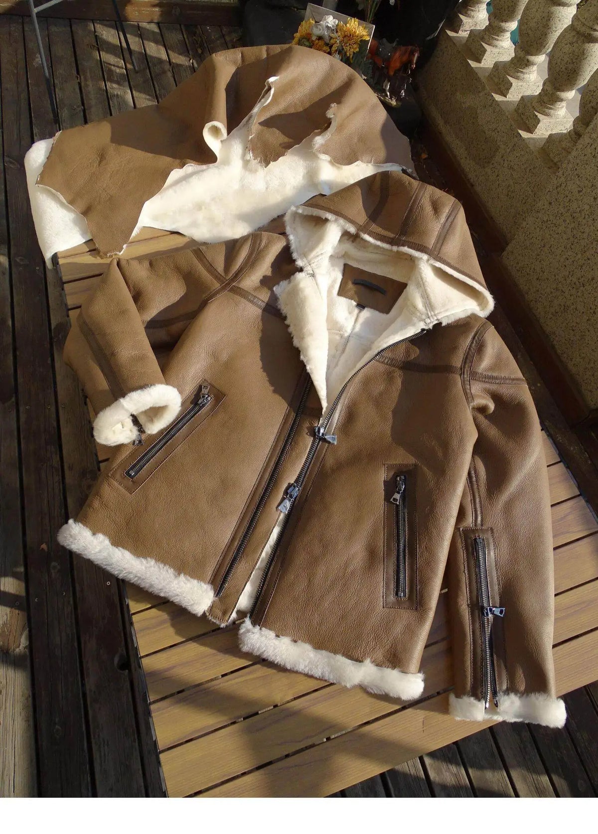Brown Winter Hooded Shearling Jacket Men Casual Style Plus Size 5XL Genuine Natural Thick Sheepskin Warm Leather Coat