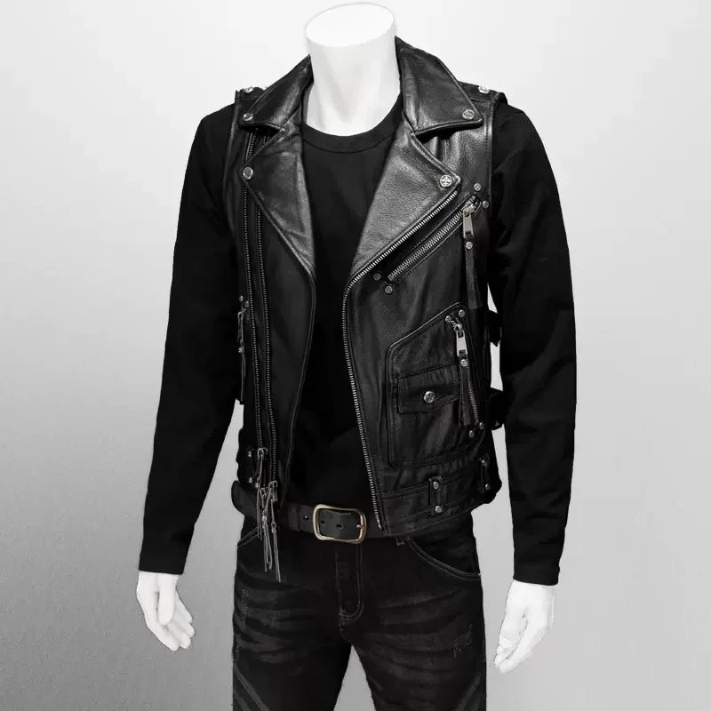 Men Red Brown Leather Biker Vest Vintage Distressed Asymmetrical Zip Sleeveless Jacket Punk Rock Studded Multi-Pocket Waistcoat