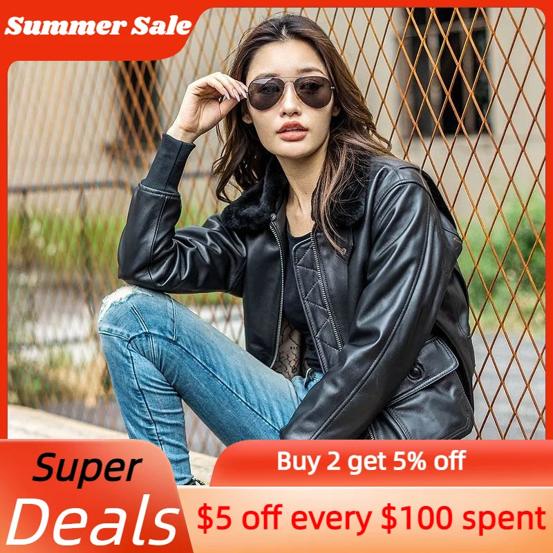 Black Winter Leather Jacket Women Military Style Plus Size 3XL Genuine Natural Thick Sheepskin Wool Collar Warm G1 Flgiht Coat