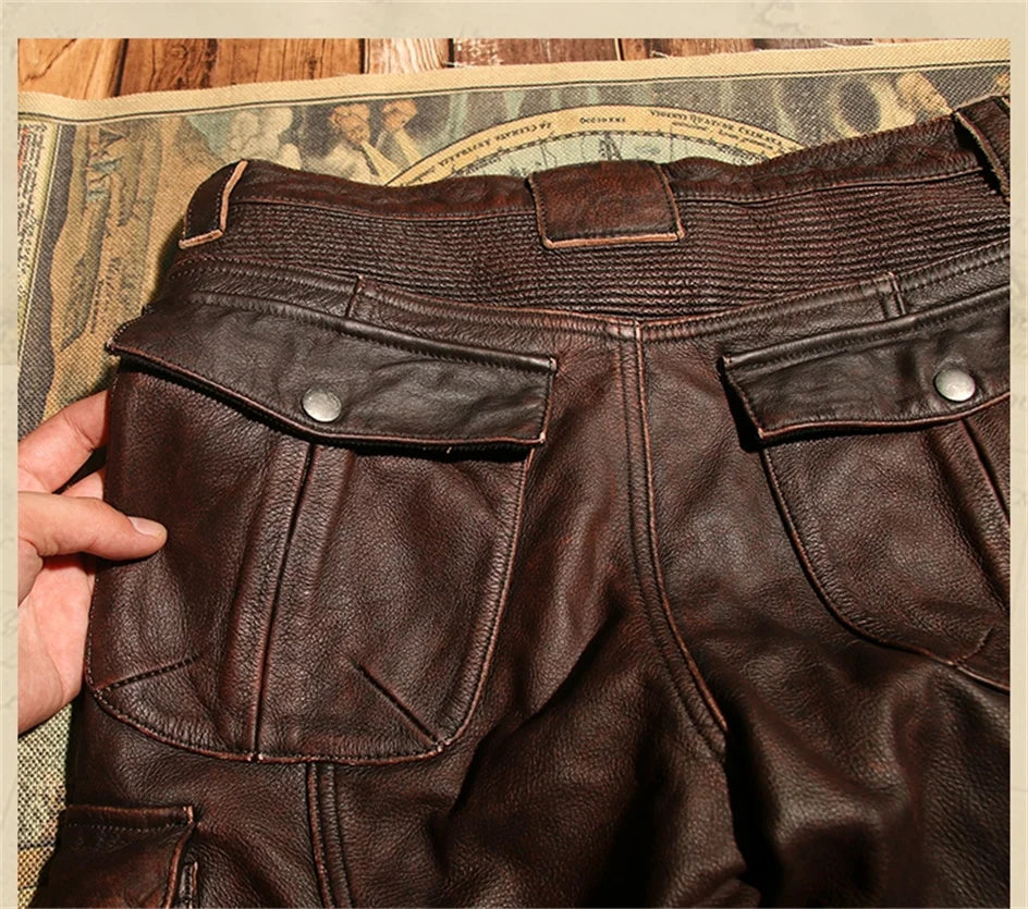 Retro Black Winter Leather Trousers Men Vintage Style Genuine Natural Cowhide Can Add Motorcycle Protection Device Leather Pants