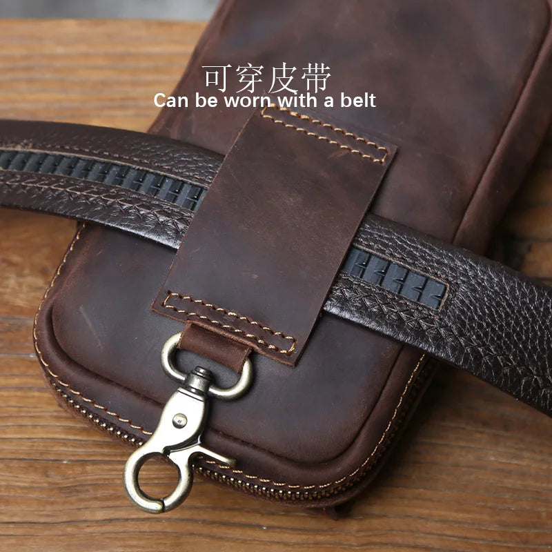 NZPJ Genuine Leather Men's Waist Bag Vintage Crazy Horse Leather Saddlebag Casual Top-Grain Cowhide Cell Phone Pouch