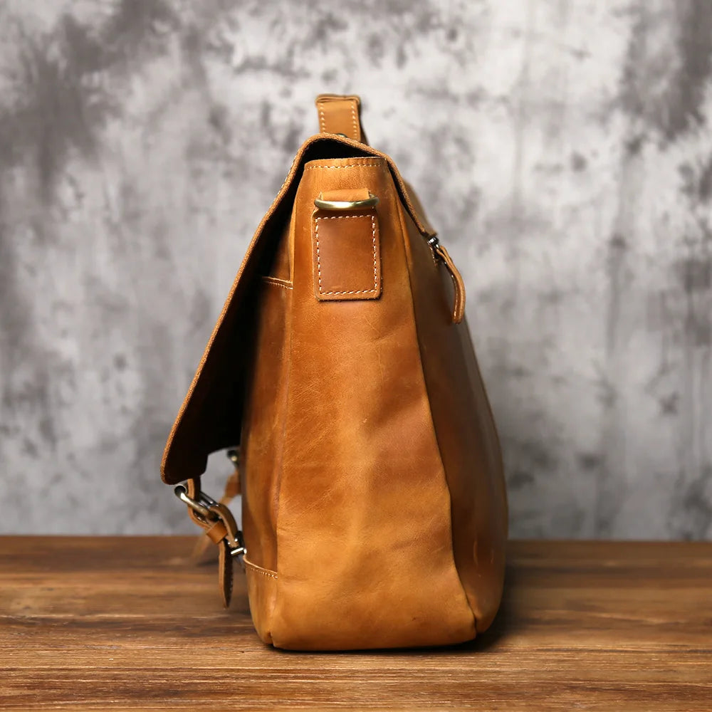 NZPJ Vintage Leather Men's Briefcase Crazy Horse Leather Handbag Casual Natural Cowhide Computer Bag Shoulder Messenger Bag
