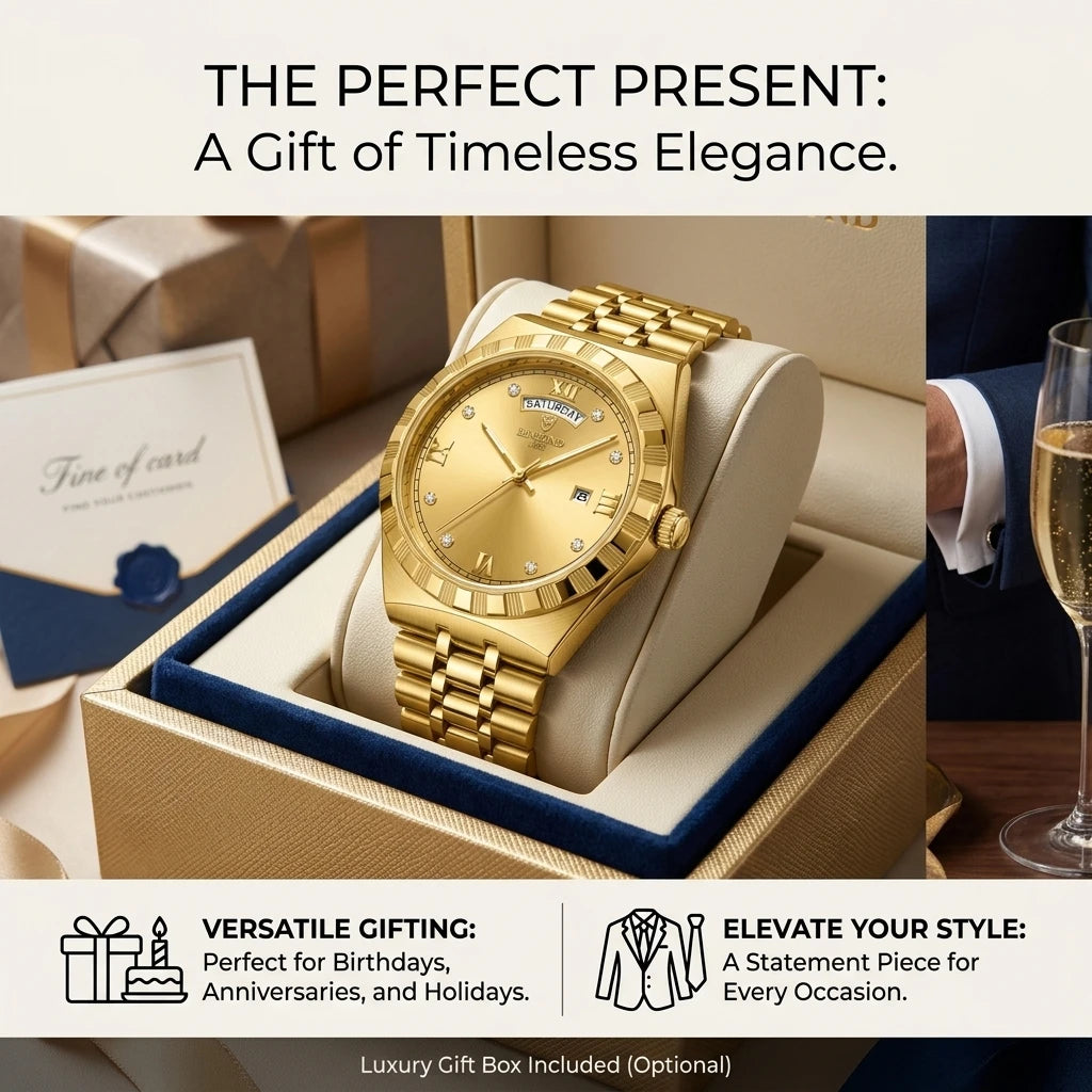4pcs Men's Gold Stainless Steel Luxury Diamond Accents Sunglasses Perfume Quartz Watch Gift Set for Birthdays & Anniversaries
