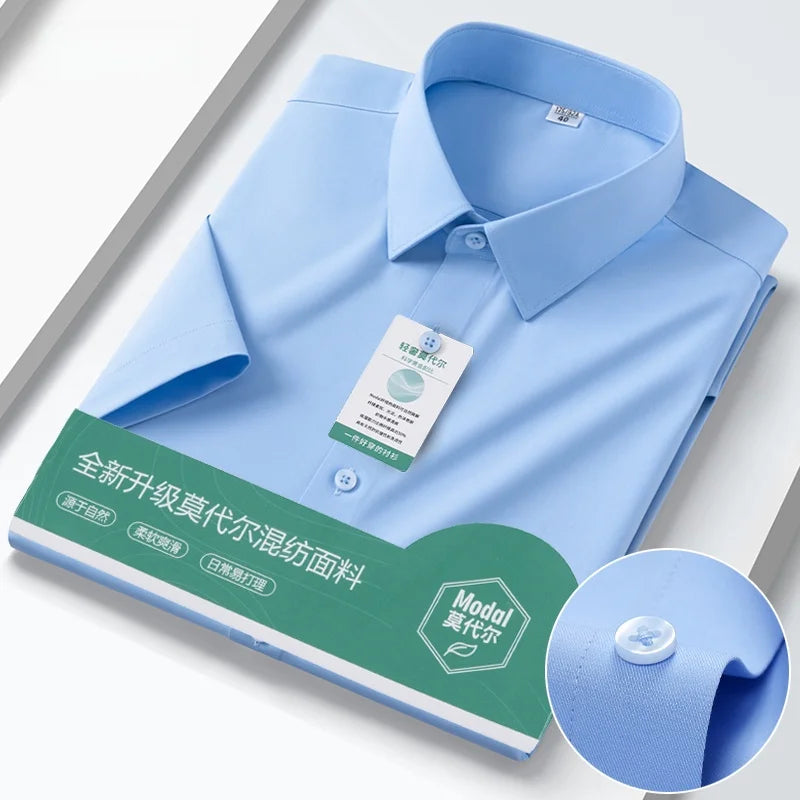 Iron-Free Ice Silk Modal Men's Business Style Slim Fit Short Sleeve Shirt Pure Color Breathable Comfortable Office Work Shirt