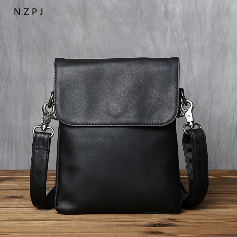 NZP Genuine Leather Men's Shoulder Bag Top Layer Cowhide Casual Men's Bag Black Trendy Messenger Bag Suitable For 8 Inch Ipad