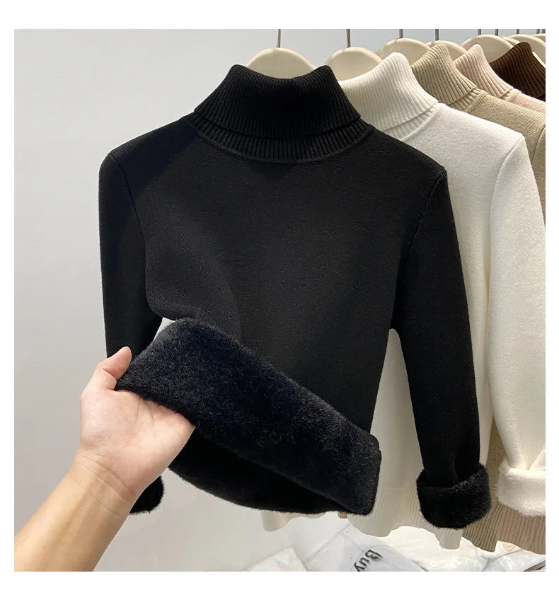 Thickened High Collar One-Piece Fleece Knitted Sweater Women Winter Slim Fit Inner Wear Fashionable Basic Style Base Shirt