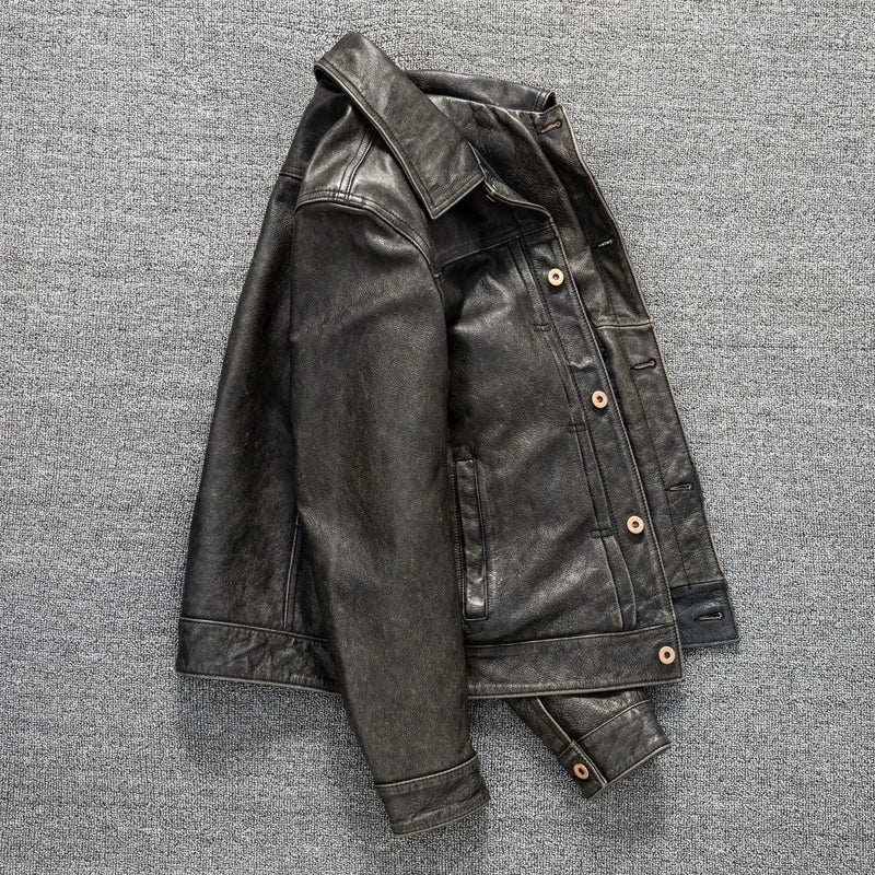 Black Spring Leather Jacket Men Vintage Style Plus Size 5XL Genuine Natural Cowhide Turn-Down Collar Single Breasted Coat