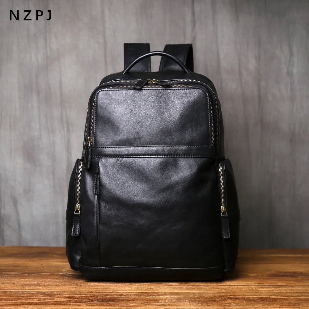 NZPJ Genuine Leather Men's Backpack Top-Grain Cowhide Casual Travel Backpack Multi-Compartment 16-Inch Laptop Bag