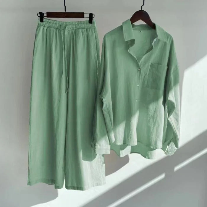 Retro Large Size Cotton Linen Shirt Set High Waist Loose Pants Two Piece Set Women's Clothing Casual Fashion Summer Season