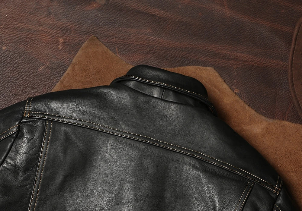 Black Autumn Leather Jacket Men Retro Style Plus Size 4XL Genuine Natural Thick Cowhide Single Breasted Casual Denim Coat