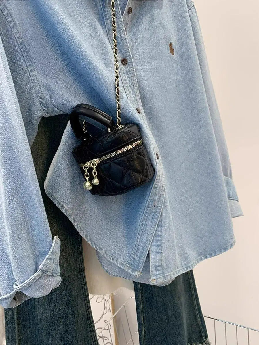 Retro Blue Shirt Women Early Spring Autumn Casual Long Sleeve Shoulder Bared Inner Wear Loose Outerwear Shirt Jacket