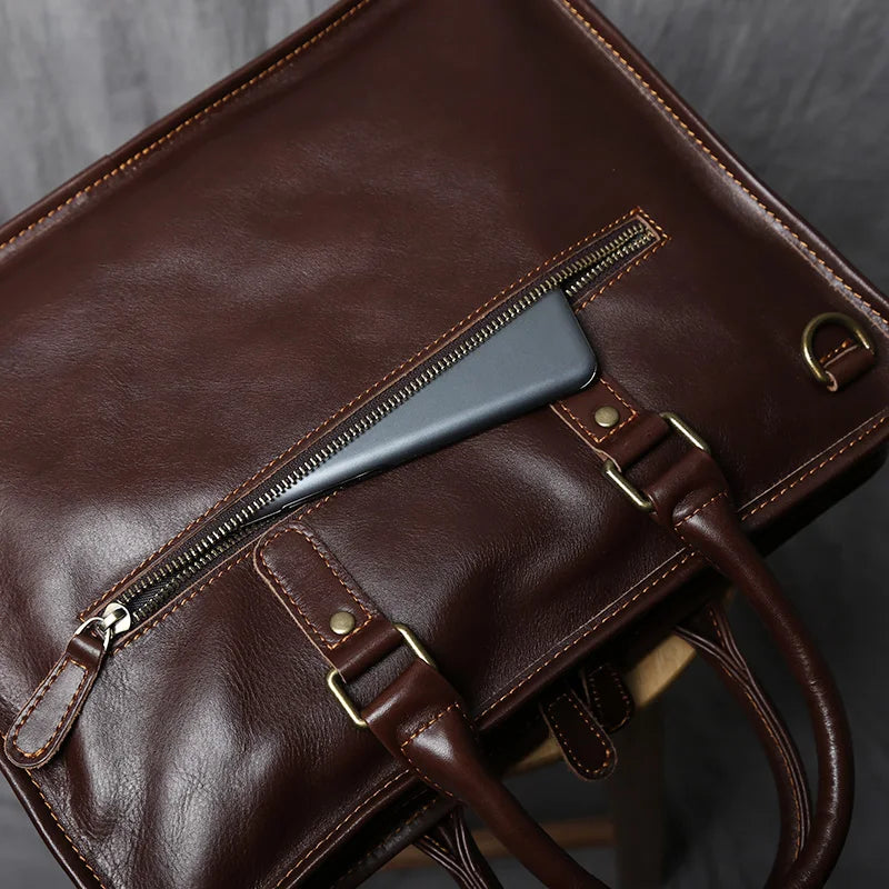 NZPJ Vintage Genuine Leather Men's Briefcase Natural Cowhide Handbag Casual Crossbody Bag Computer Suitable for 14 inch Laptops