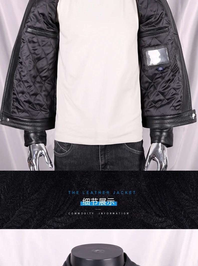 Black Autumn Leather Jacket Men Sports Style Plus Size 5XL Genuine Natural Cowhide Stand Collar Slim Fit Short Coat