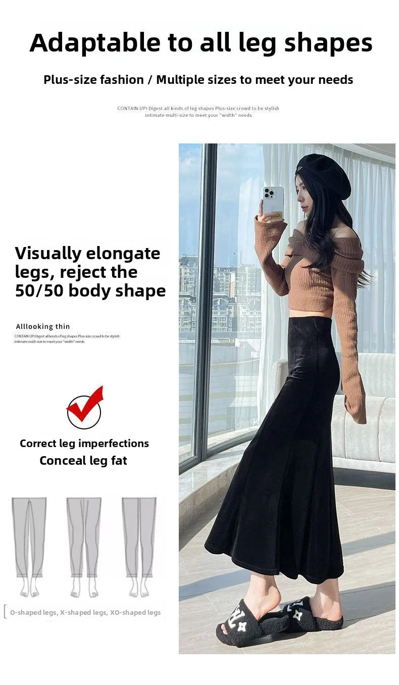 Elegant Long Velvet Skirt Women's High Waist Slim Fit Fish Tail Hem Draping Slimming Full Length Half Body Skirt