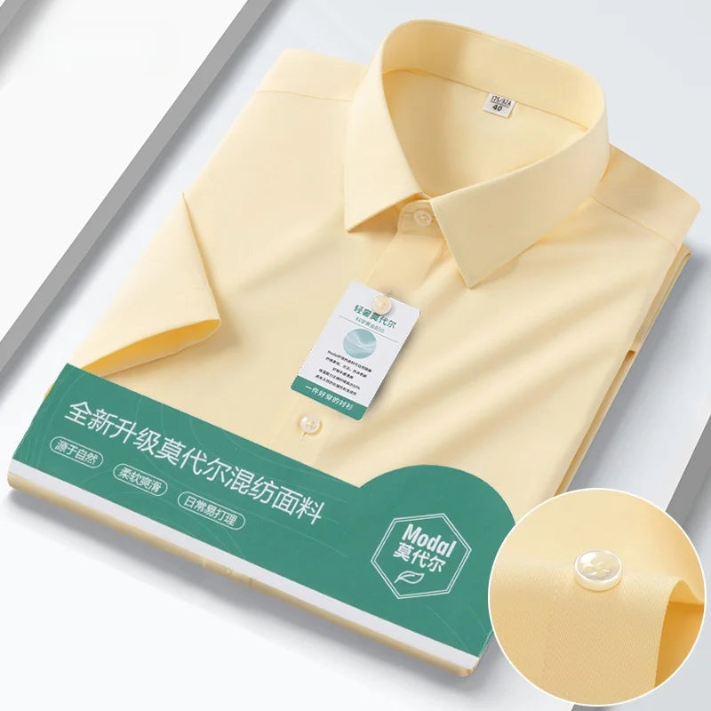 Iron-Free Ice Silk Modal Men's Business Style Slim Fit Short Sleeve Shirt Pure Color Breathable Comfortable Office Work Shirt