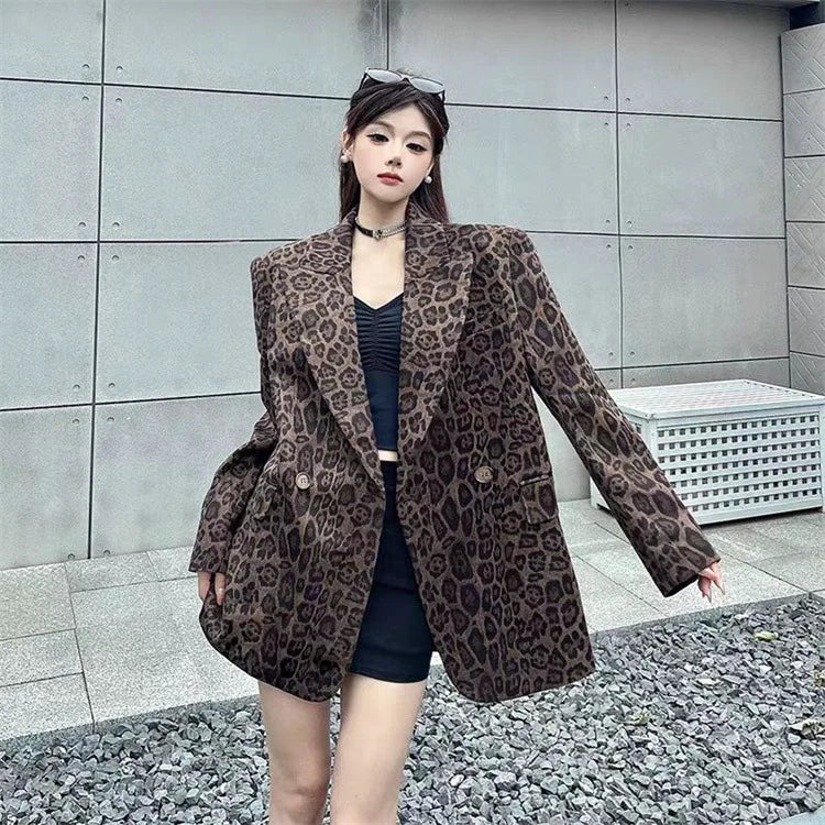 Ladies' Long Sleeve Leopard Print Suit Jacket Hepburn Style Casual Leisure Fashionable Mid-Length Coat Elegant Commute