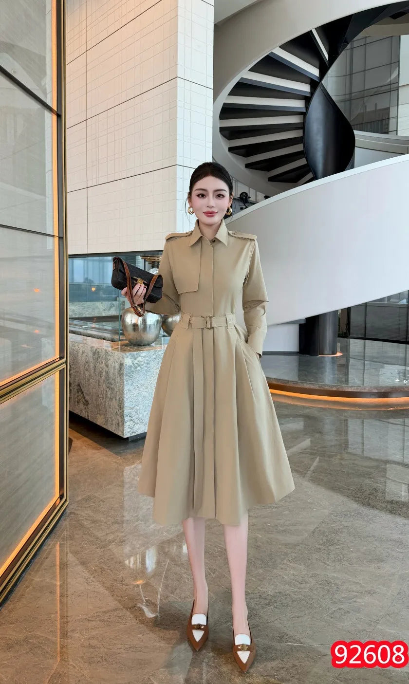 Blue Khaki Waist-Cinching Long Sleeve Midi Dress Women's New Style French Elegant Coat Dress Cotton Pure Color A-Line Skirt