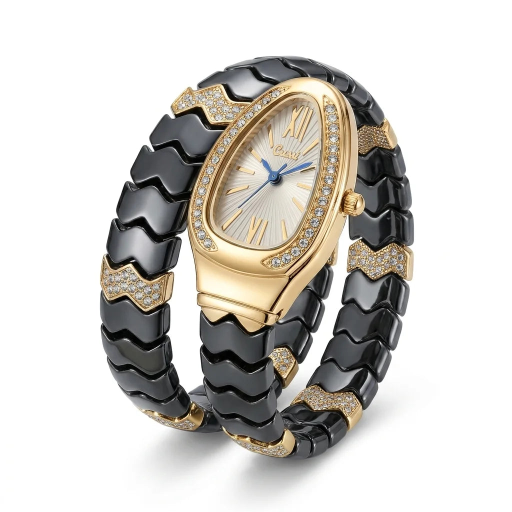 4pc Women's Black & Gold Ceramic Elegant Diamond Accents Sunglasses Perfume Quartz Watch Gift Set Birthday Anniversary