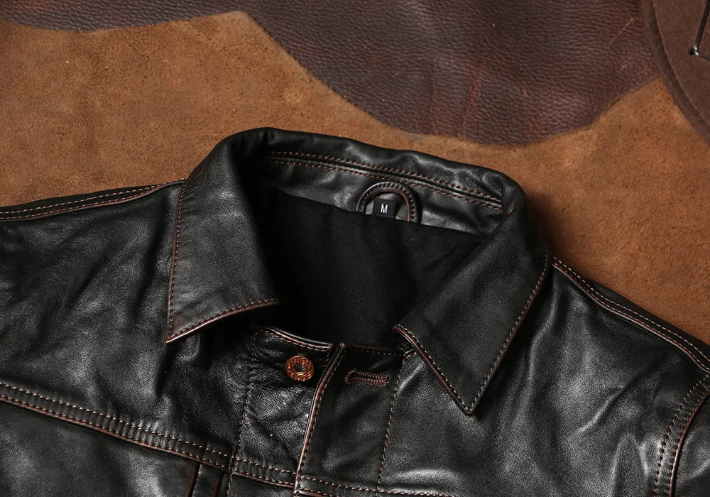Black Autumn Leather Jacket Men Vintage Style Plus Size 5XL Genuine Natural Cowhide Turn-Down Collar Single Breasted Coat