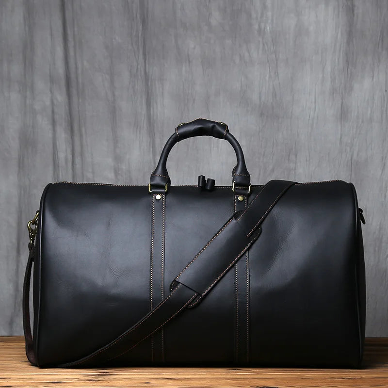 NZPJ Vintage Genuine Leather Men's Travel Bag Large Capacity Crazy Horse Leather Handbag Natural Cowhide Shoulder Crossbody Bag
