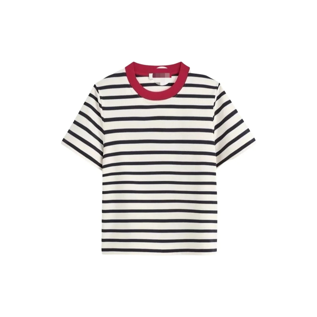 Classic round Neck T-Shirt Standard Fit Red Stripes New Summer 2026 Cotton Comfortable Loose Style Commute Fashion