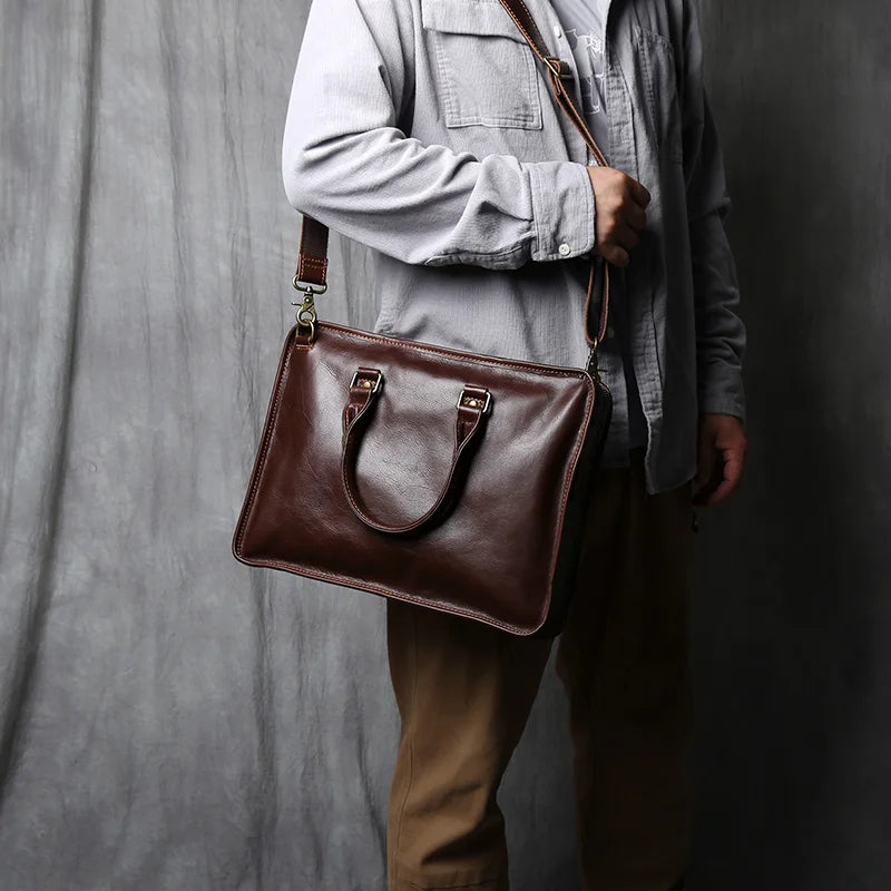 NZPJ Vintage Genuine Leather Men's Briefcase Natural Cowhide Handbag Casual Crossbody Bag Computer Suitable for 14 inch Laptops