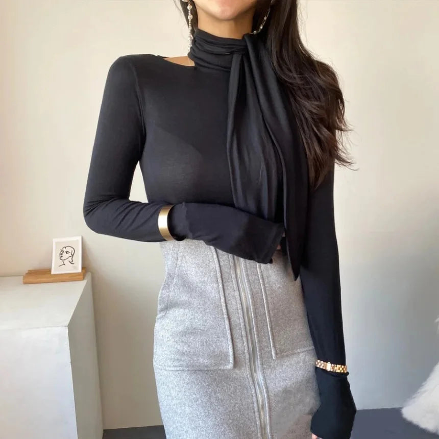 Korean Style Women's Long Sleeve T-Shirt Bow Design Halter Neck Slim Fit Comfortable Base Shirt Cotton Spring Summer Top