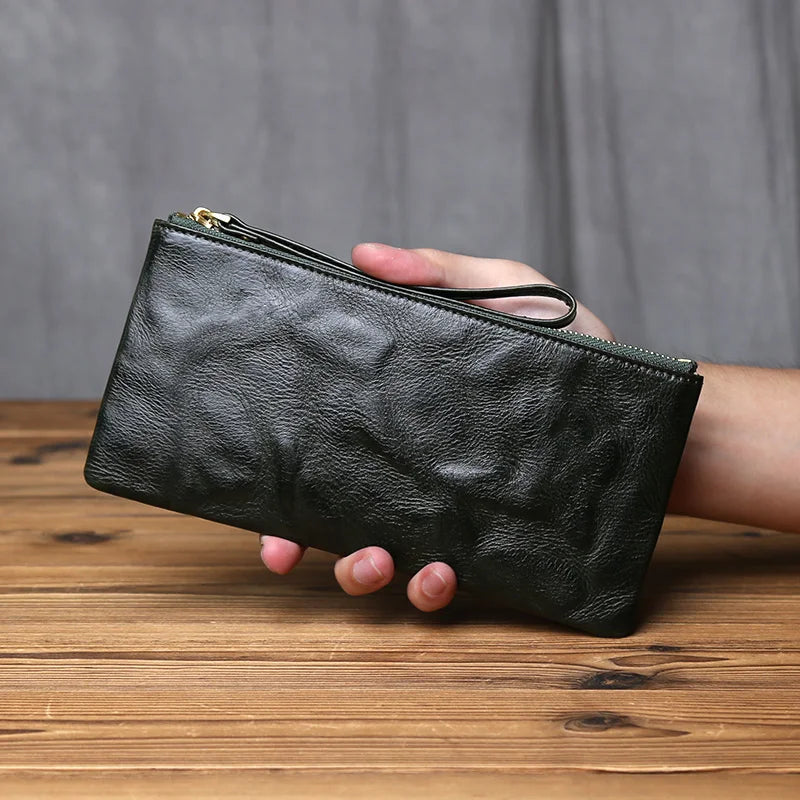 NZPJ Vintage Genuine Leather Long Wallet Top-Grain Cowhide Men's Clutch Women's Large Capacity Phone Bag