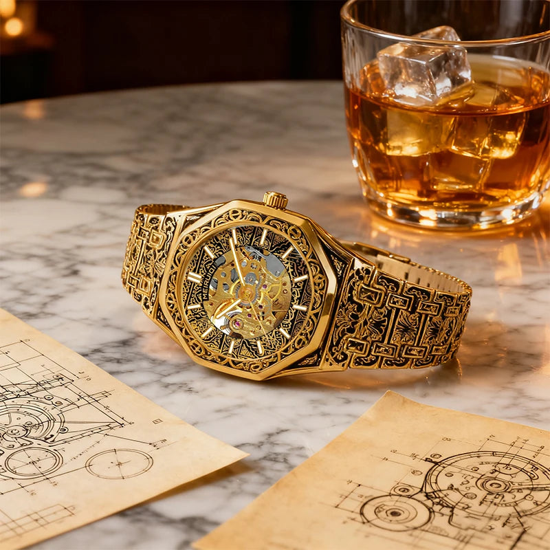 A men's yellow casual style high aesthetic fully automatic precision carved pattern stud mechanical watch