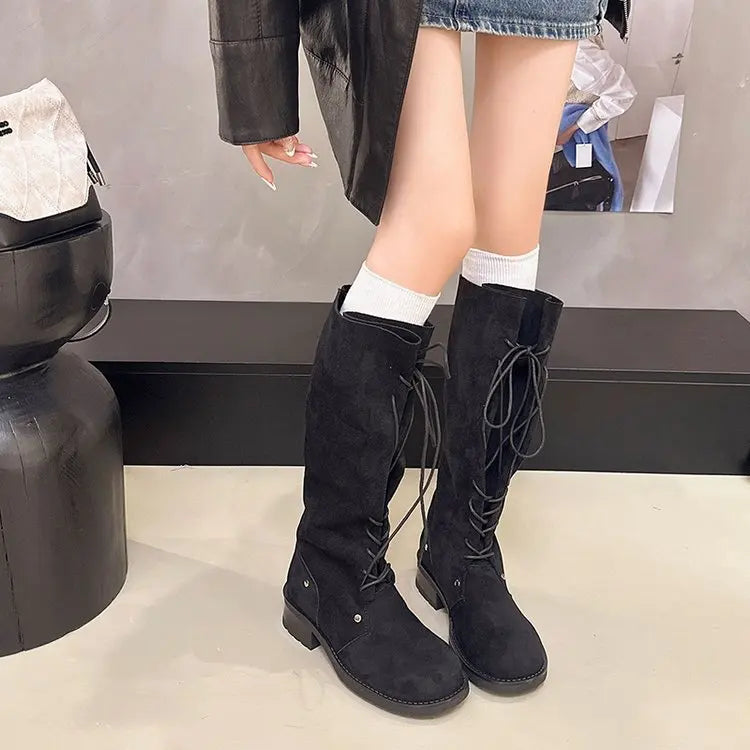 Retro Thick Heel High Tube Boots Women's 2026 New Autumn Korean Version Knot Knight Boots Two-Way Wear Knee-High Boots