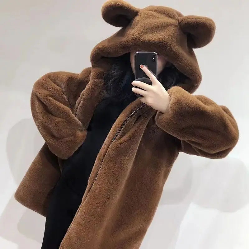 Autumn Winter Thickened Bear Ear Hooded Coat Women's Fashionable Fluffy Simulation Fur Jacket Cute Long-Line Casual Outfit