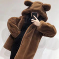 Autumn Winter Thickened Bear Ear Hooded Coat Women's Fashionable Fluffy Simulation Fur Jacket Cute Long-Line Casual Outfit