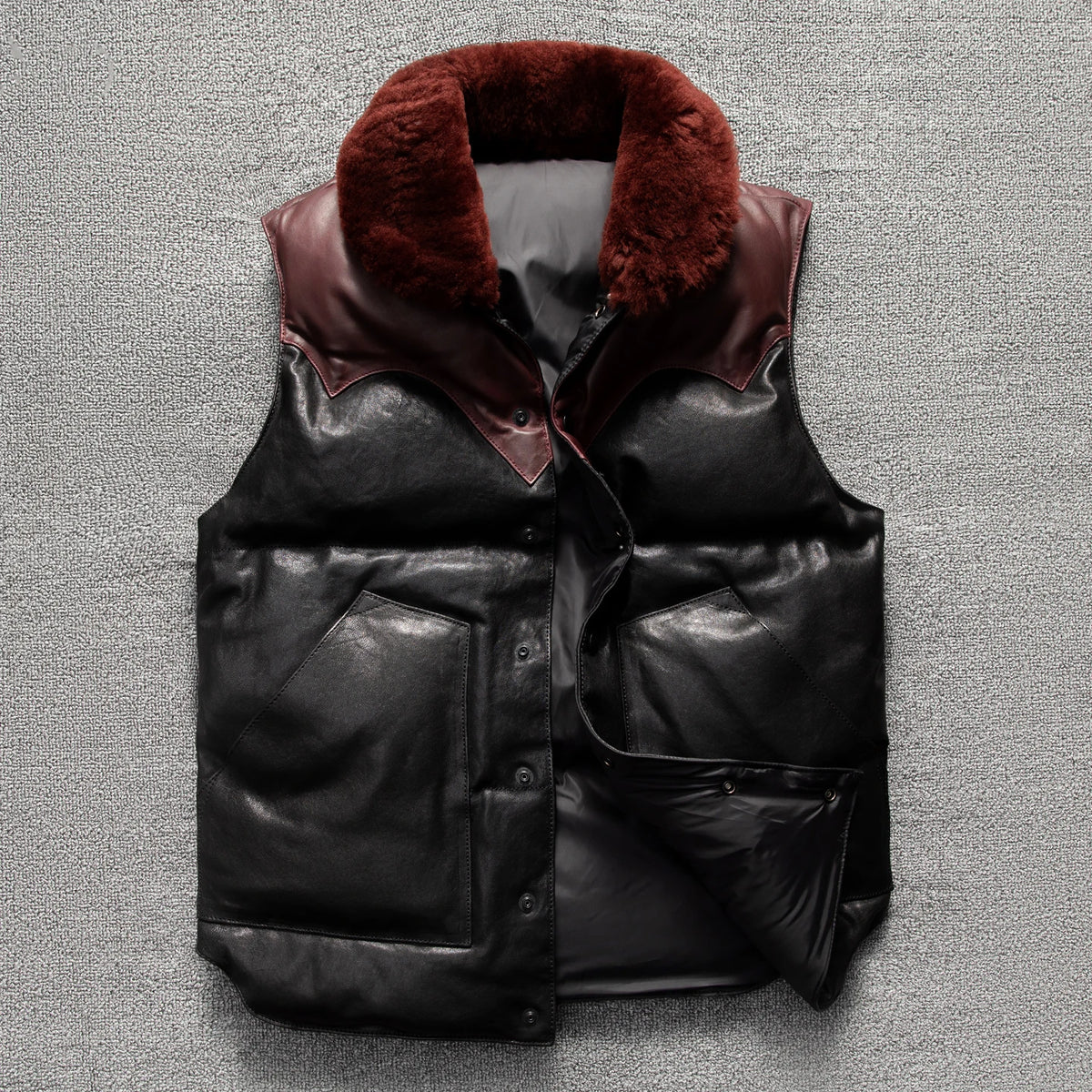 Black Winter Leather Vest Men Retro Style Plus Size 5XL Genuine Natural Sheepskin Wool Collar Single Breasted Spliced Coat