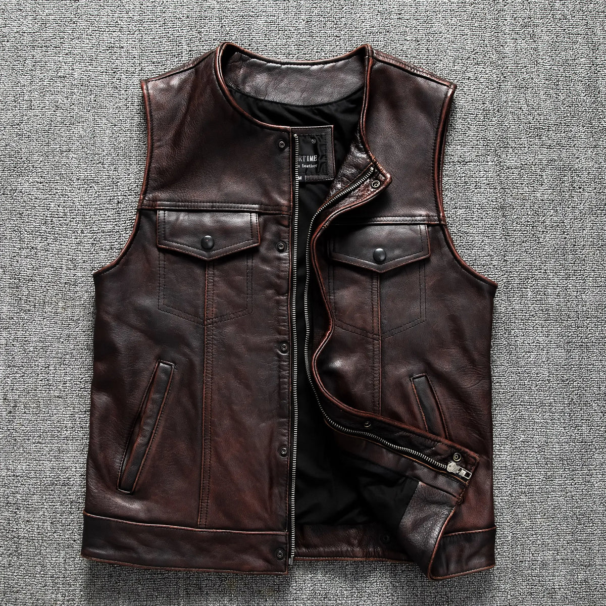 Red Brown Spring Leather Vest Men Retro Style Plus Size 6XL Genuine Natural Cowhide O-Neck Collar Slim Fit Short Sleeveless Coat