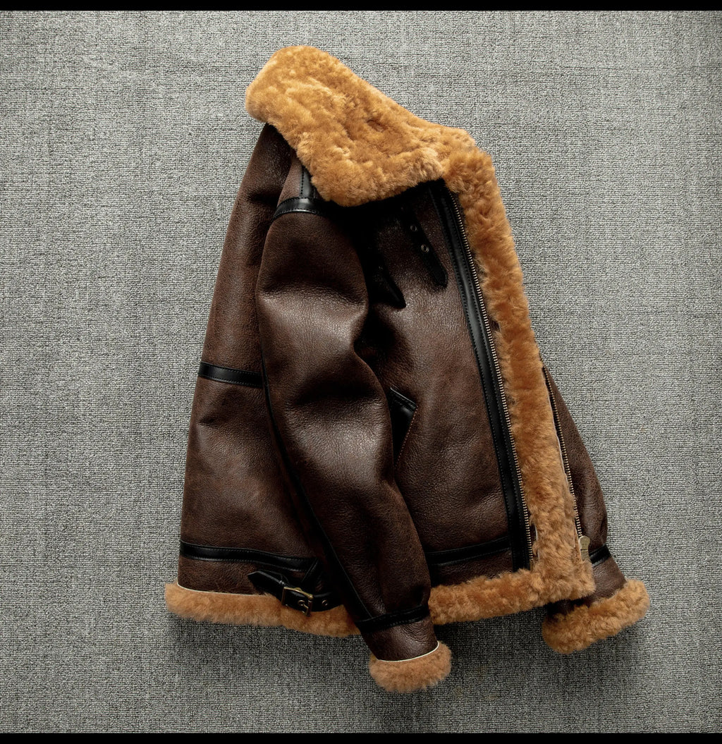 Brown Winter Shearling Jacket Men Retro Style Plus Size 5XL Genuine Natural Sheepskin Turn-Down Collar Thick Warm B3 Flight Coat