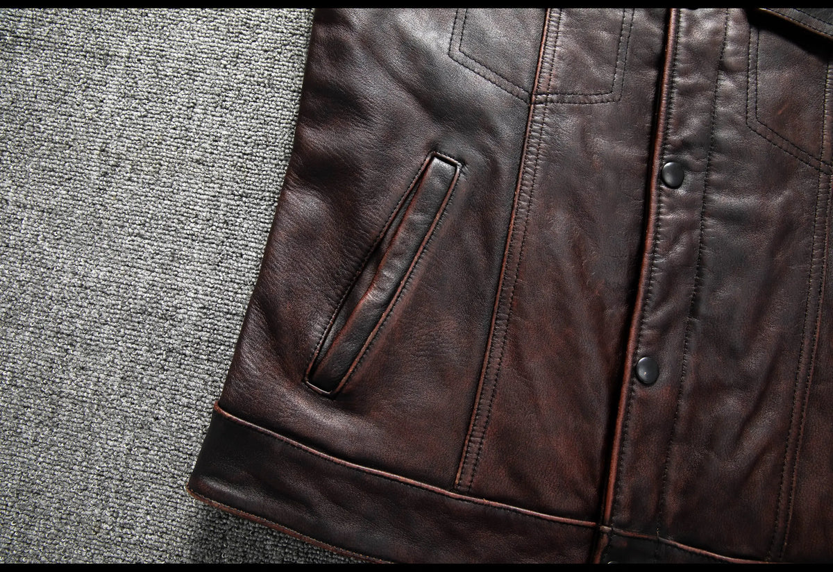 Red Brown Spring Leather Vest Men Retro Style Plus Size 6XL Genuine Natural Cowhide O-Neck Collar Slim Fit Short Sleeveless Coat