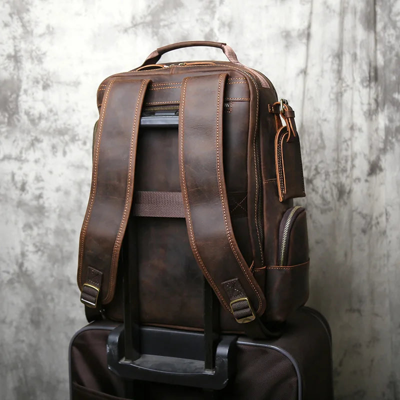 NZPJ Retro Genuine Leather Men's Backpack Top Layer Cowhide Backpack  Fashion Men's Bag Crazy Horse Skin Travel Computer Bag