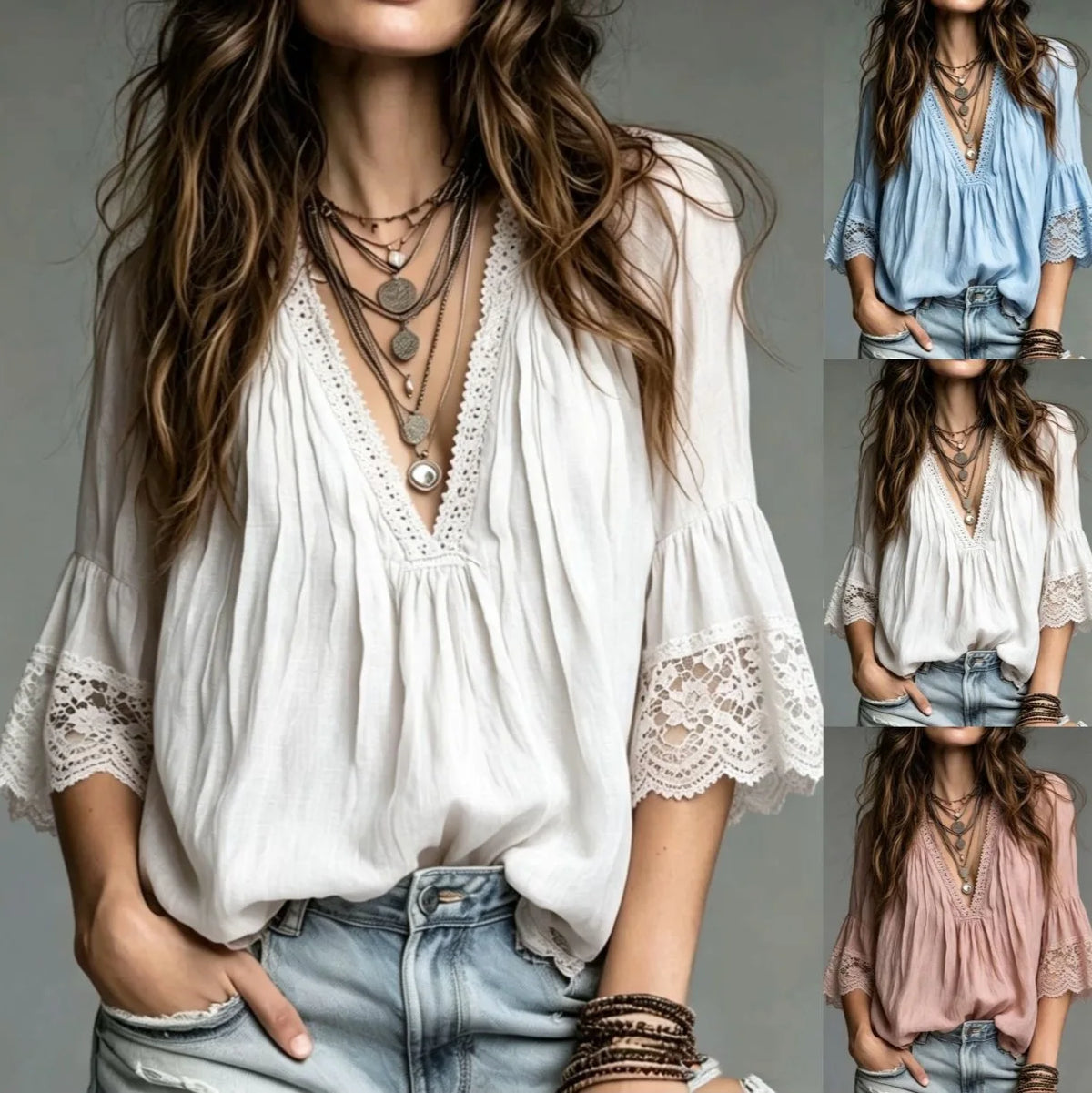 White Sky Blue Pink Lace Patchwork V-neck Shirt Polyester Pure Color Loose Fit Seven Sleeve Princess Style Elegant Ballet