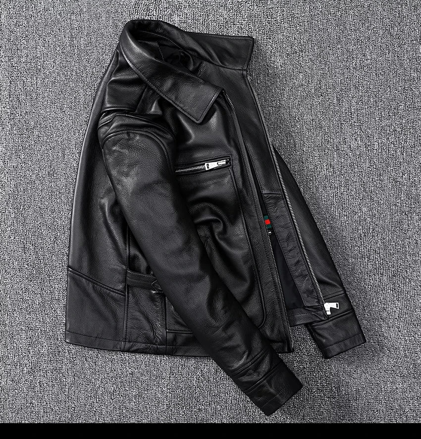 Black Autumn Leather Jacket Men Retro Style Plus Size 8XL Genuine Natural Cowhide Turn-Down Collar Smart Casual Coat