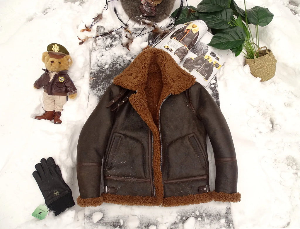 Dark Brown Winter Shearling Jacket Men Retro Vintage Style Plus Size 4XL Genuine Natural Sheepskin Bomber Military Flight Coat